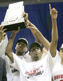 Ivan Harris, left, and Mike Conley Jr., front, react with their trophy following a 92-76 win over Memphis in the NCAA South Regional final basketball game at the Alamodome in San Antonio Saturday, March 24, 2007. A P Photo