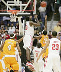 Greg Oden blocks the last shot of the game by Tennessee's Ramar Smith as time expires.
