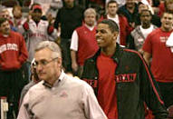 Terrelle Pryor and Coach Jim Tressel at recent OSU basketball game February 25, 2008