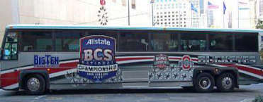 Five busses decked out in Ohio State colors and logos, even Buckeye leaves, are transporting the team around New Orleans this week. 
