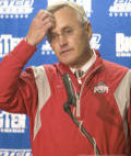 OSU football coach Jim Tressel speaks to the press after the OSU-Michigan State game, Oct. 18, 2008